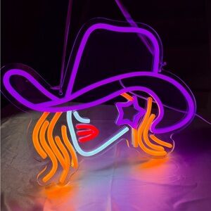 Neon Cowgirl Sign-Pink Hat-Country Western Decor-Country Girl